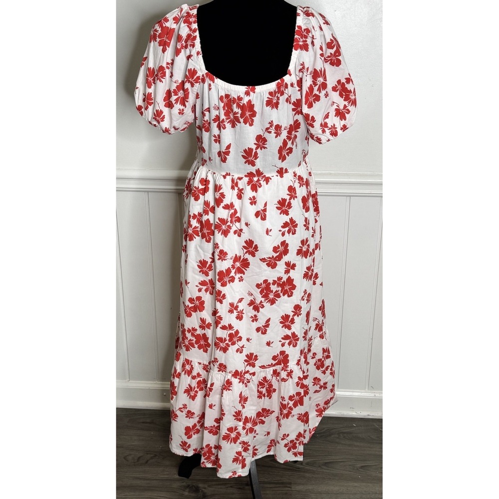 J.Crew Factory Dress‎ M White Red Hawaiian Floral Midi Tropical Pockets - Picture 5 of 8